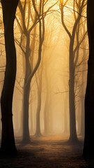 vertical panorama of autumn morning fog in the forest, yellow light tones of autumn forest, foggy morning landscape in the park
