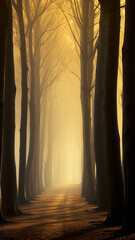 vertical panorama of autumn morning fog in the forest, yellow light tones of autumn forest, foggy morning landscape in the park