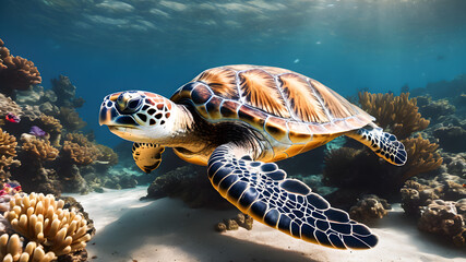 Green sea turtle swims in the ocean. - obrazy, fototapety, plakaty