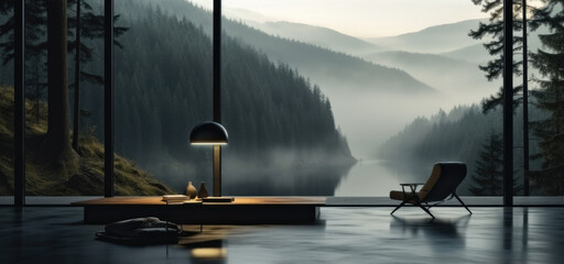 Black modern minimalist studio facing a window and outside a forest with lakes - obrazy, fototapety, plakaty