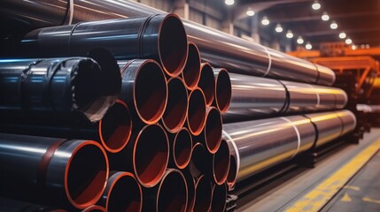 Black steel pipes in manufacturer factory, New steel pipes for pipeline construction.