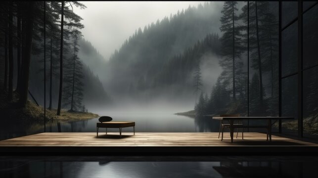 Black modern minimalist studio facing a window and outside a forest with lakes