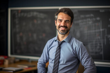 Portrait of college math teacher professor standing in classroom against a chalkboard
