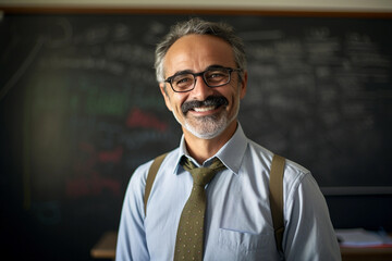 Portrait of college math teacher professor standing in classroom against a chalkboard
