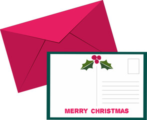 Merry Christmas Card with envelope and holly leaves. 