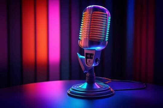 Microphone on top of a table with vibrant lights in the background, AI-generated.