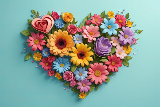Heart made of flowers. Symbols of love for Happy Women's, Mother's, Valentine's Day, birthday greeting card design.