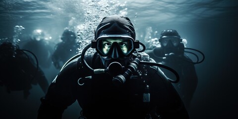 Underwater soldiers conduct covert operation - obrazy, fototapety, plakaty