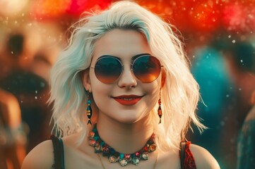 Obraz premium European girl with perfect skin. Smiling blonde woman wearing sunglasses. Generate ai