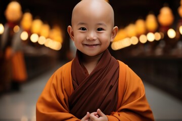 Chinese child dressed as a Buddhist monk with a bald head and round face, a smile on his face. - obrazy, fototapety, plakaty