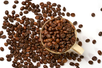 Black coffee and coffee beans on white background