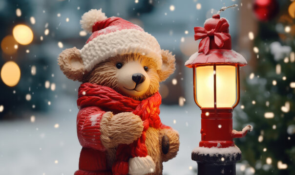 teddy bear hoding gift box on snowfall