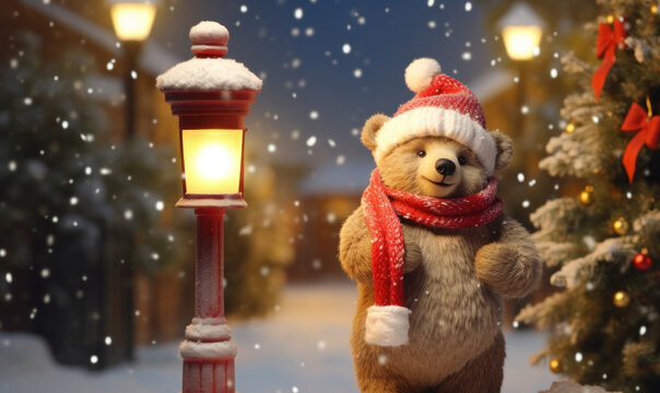 teddy bear hoding gift box on snowfall