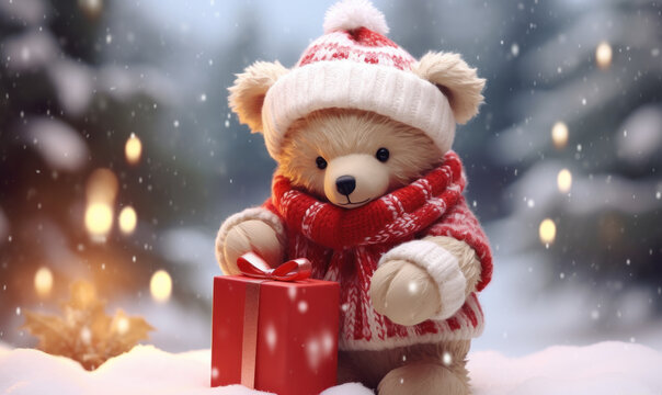 teddy bear hoding gift box on snowfall