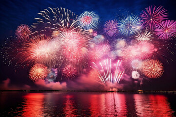 fireworks in the city. New Year's Night Aglow: A Dazzling Fireworks Spectacle, Painting the Sky with Vibrant Colors and Shapes. New Year Celebration.