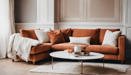 French country home interior design, you’ll find a fabric sofa adorned with white and terra cotta pillows.