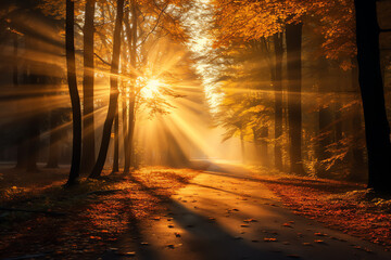 Beautiful autumn forest nature with vivid morning light background