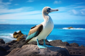 The rare blue-footed booby rests on the beach. - obrazy, fototapety, plakaty