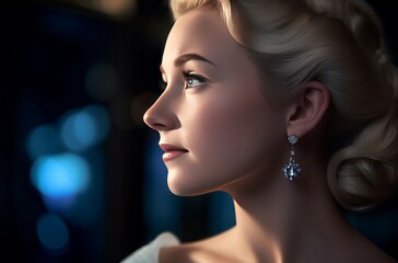 Fototapeta premium Close up image of dreamy Cinderella face. Female fairytale character with curly hairdo. Generate ai