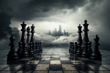 white king standing alone on chessboard with black squares and black squares above him