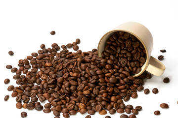 Black coffee and coffee beans on white background