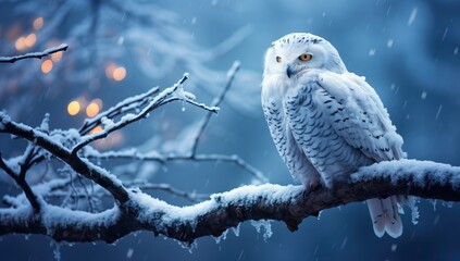 Snowy owl in the winter forest.