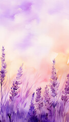 Obraz premium high, narrow, lavender background delicate pastel pink flowers blurred background with copy space vertical, panorama