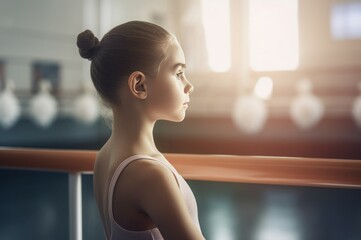 Little ballerina with bun hairstyle. Little girl at ballet studio lesson. Generate ai