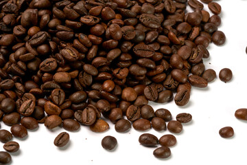 Black coffee and coffee beans on white background