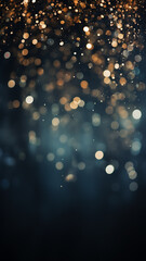 Fototapeta na wymiar vertical background festive light golden glow bokeh on black background, abstract background with copy space