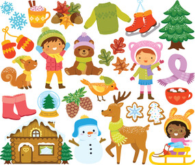 Winter clipart set with kids playing in the snow, cute woodland animals, winter clothes and various winter items. - obrazy, fototapety, plakaty