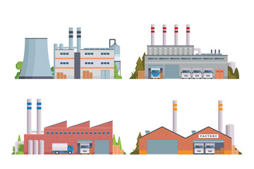factory buildings vector illustration collection. Flat design front view concept for city illustration - obrazy, fototapety, plakaty