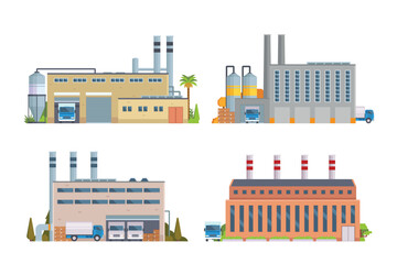 factory buildings vector illustration collection. Flat design front view concept for city illustration