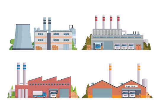 factory buildings vector illustration collection. Flat design front view concept for city illustration