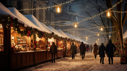 evening christmas market at old town hall square. - obrazy, fototapety, plakaty