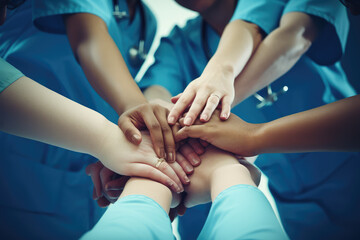 several nurses in a row holding their hands together in a circle - obrazy, fototapety, plakaty