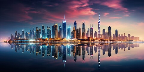 A panoramic view of the Dubai city skyline at night - obrazy, fototapety, plakaty