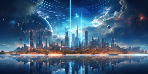 Abstract futuristic smart city a hub of technology and progress. Metaverse cyber concept idea. Innovation and advancement