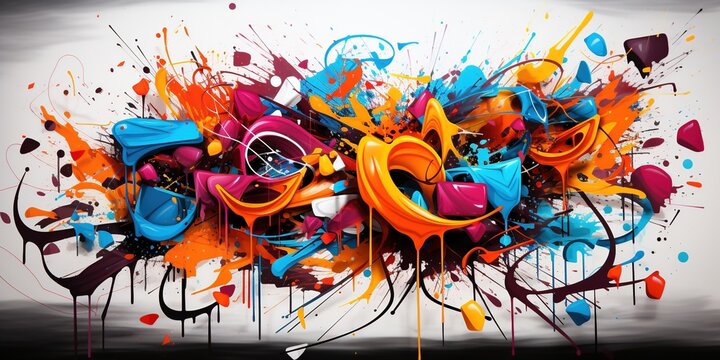 Abstract graffiti poster with colorful tags, paint splatter, scribbles and fragments