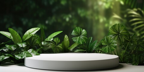 Beautiful white empty podium green plants background mockup product design