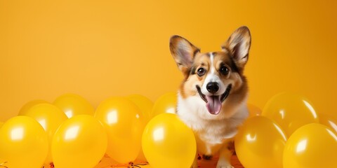 Cheerful corgi dog with balloons on a festive yellow background. Banner, postcard, copy space.