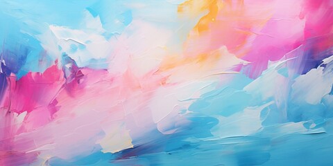 Closeup of abstract rough colorful multicolored neon blue, pink and yellow colored art painting texture, with oil brushstroke, pallet knife paint on canvas - obrazy, fototapety, plakaty