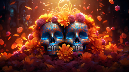 A festive background portraying a colorful array of sugar skulls adorned with marigold blooms, 3D render digital artistry, encapsulating the essence of Hispanic heritage and D&iacute;a de los Muertos