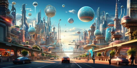 Create an illustration of a future city with multi - story skyscrapers and magnetic cars - obrazy, fototapety, plakaty
