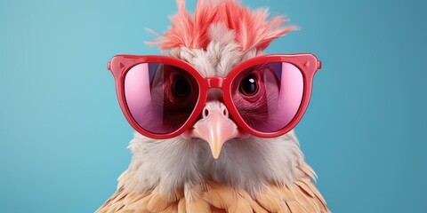 Creative animal concept. Chicken hen in sunglass shade glasses isolated on solid pastel background, commercial, editorial advertisement, surreal surrealism