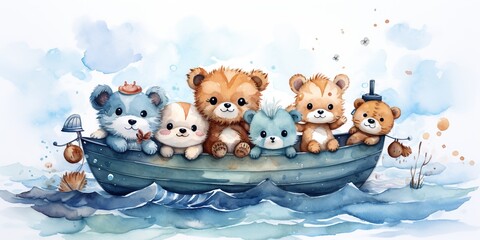Cute animals travel on a paper boat on the sea. Decor for a children's room. Watercolor...