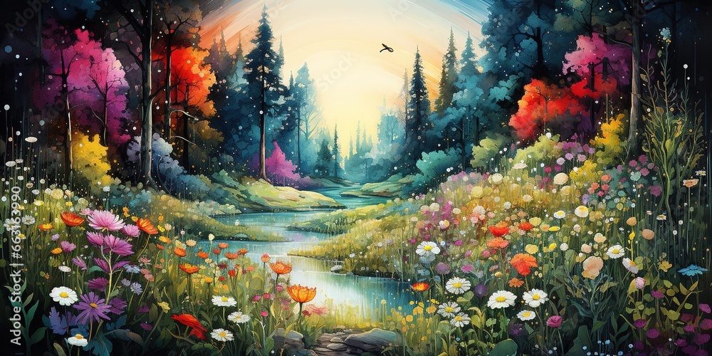 Wall mural draw a vibrant summer forest landscape with bright green trees and colorful flowers