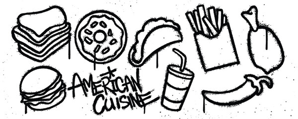Set American Cuisine graffiti spray paint. Collection of bread, donuts, tacos, french fries, chicken thighs, burger, soda, chilli Isolated Vector