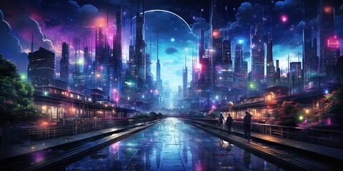 Cyberpunk streets illustration, futuristic city, dystoptic artwork at night
