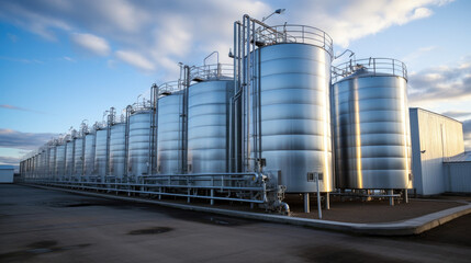 Obraz premium Modern wine factory with large shine tanks for the fermentation.